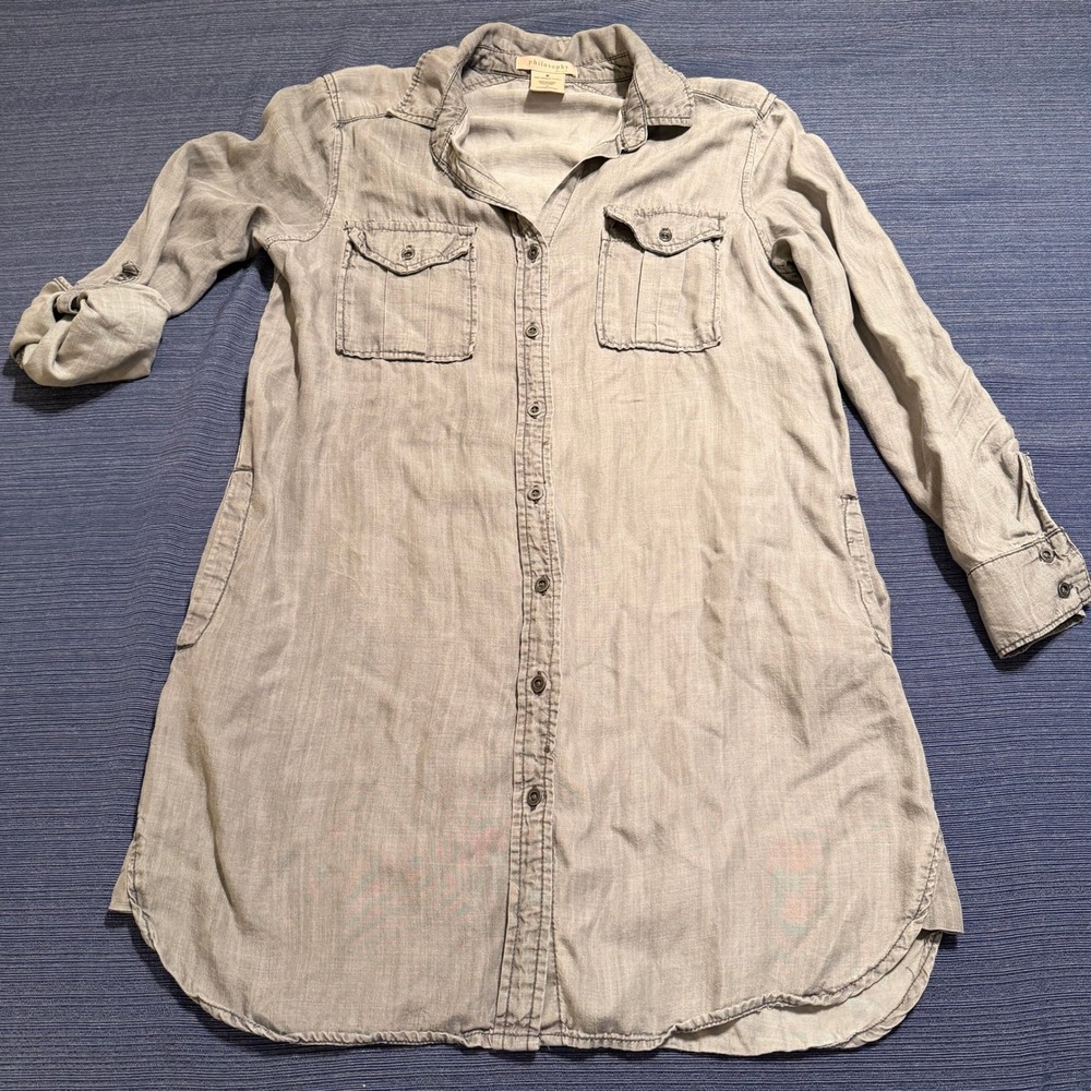 Philosophy Grey Tencel Lyocell Shirt Dress Long Sleeve Roll Tab Pockets Size M‎